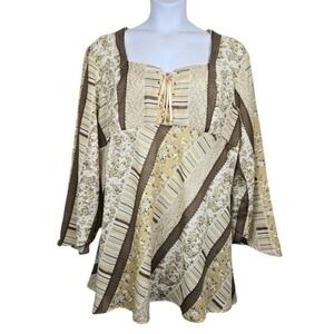Carolina Bay Womens Flare Sleeve Ivory Brown Floral Print Lace Up Blouse Size 3X